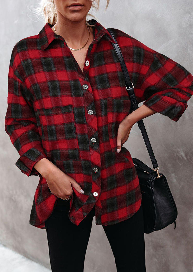 Plaid Ruffled Button Pocket Long Sleeve Shirt, 493798
