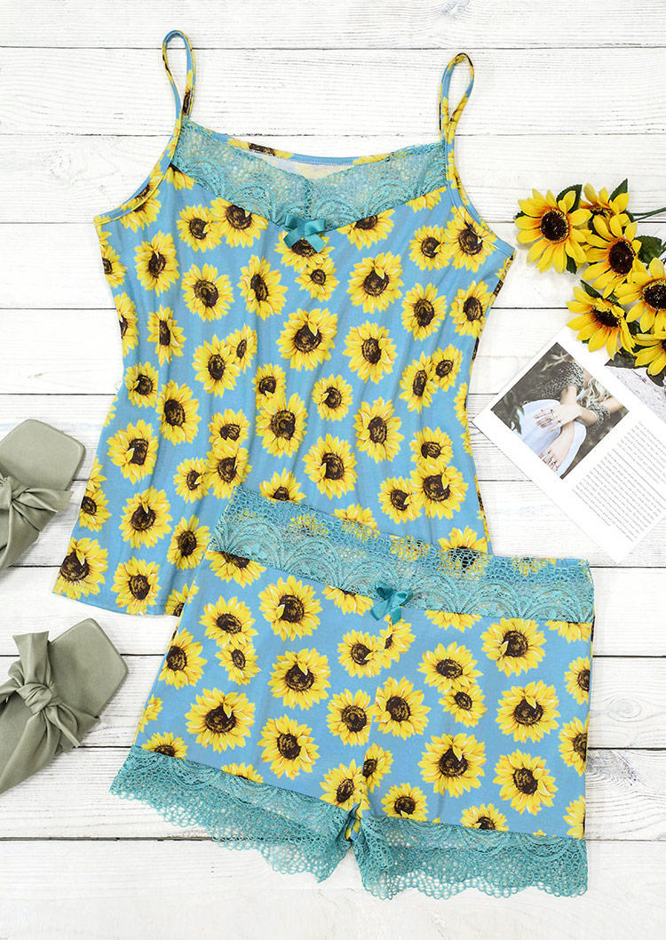 

Sleepwear Sunflower Lace Trim Camisole And Shorts Pajamas Set in Blue. Size