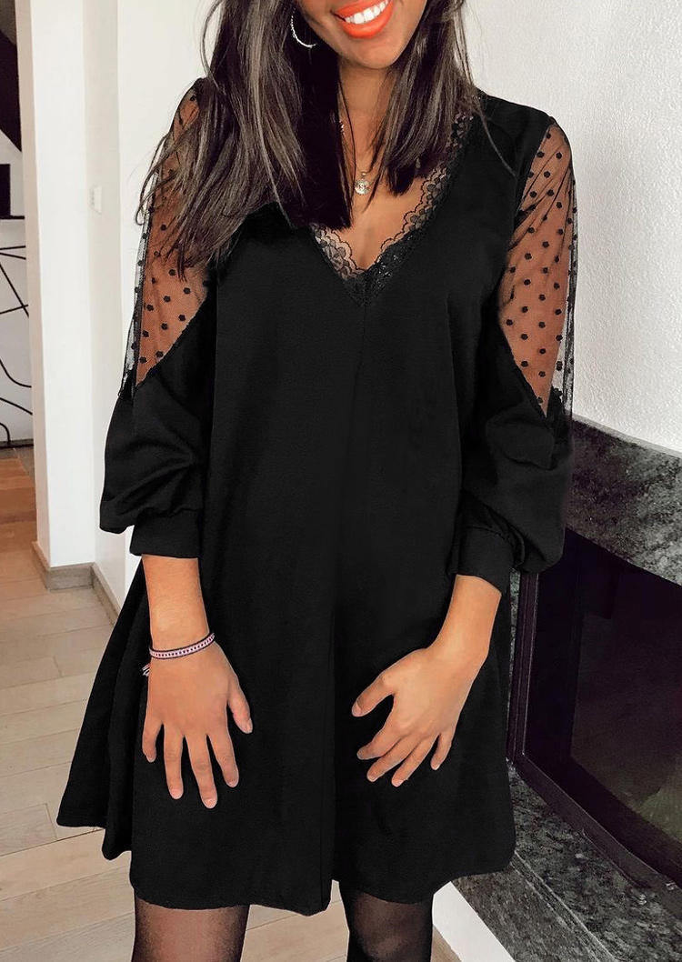 

Mini Dresses Lace Splicing V-Neck Long Sleeve Mini Dress in Black. Size: ,M,L
