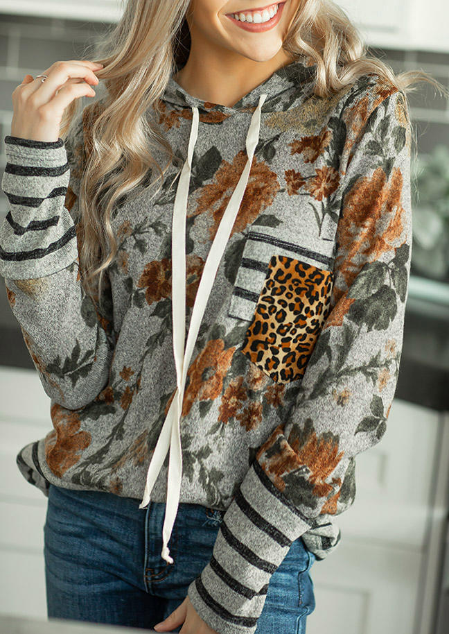 

Hoodies Floral Leopard Striped Double Pocket Hoodie in Gray. Size: S,M,,XL