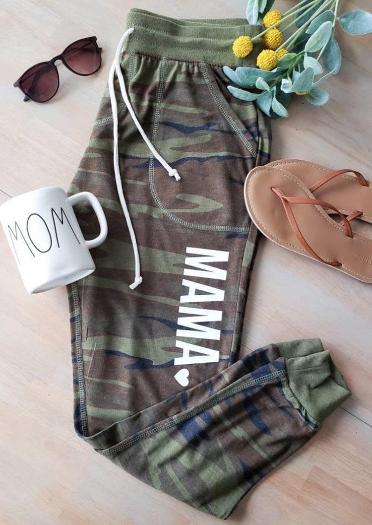 

Pants Camouflage Mama Heart Drawstring Pocket Casual Pants in Camouflage. Size: S,M,,XL