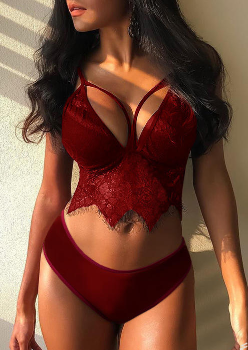 

Lingerie Lace Splicing Hollow Out Lingerie Set in Burgundy. Size: ,M