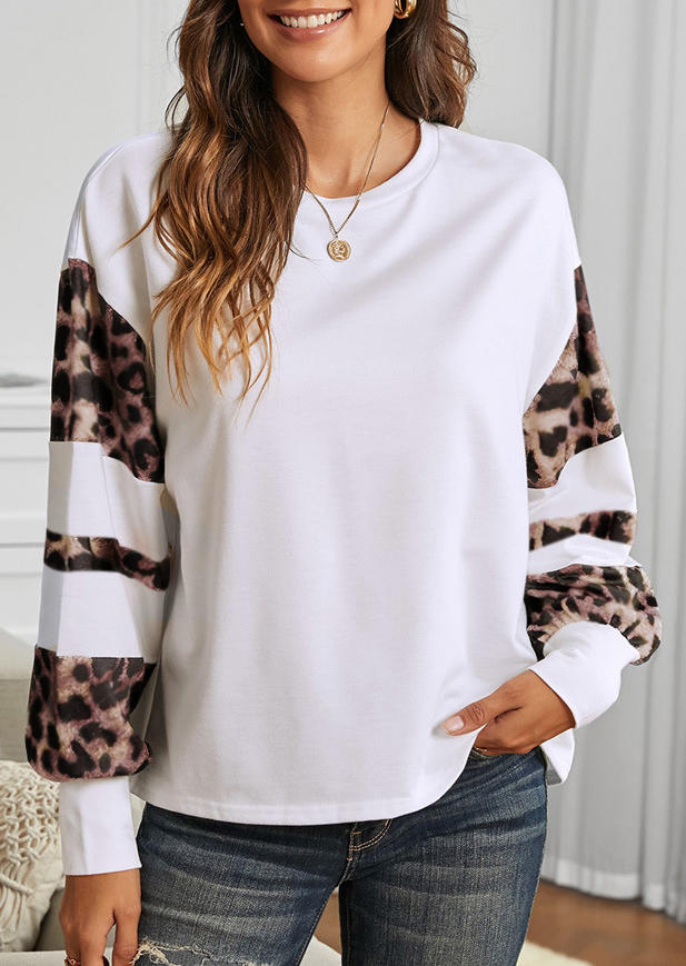 

Blouses Leopard Splicing Long Sleeve O-Neck Blouse in White. Size: S,M,,XL