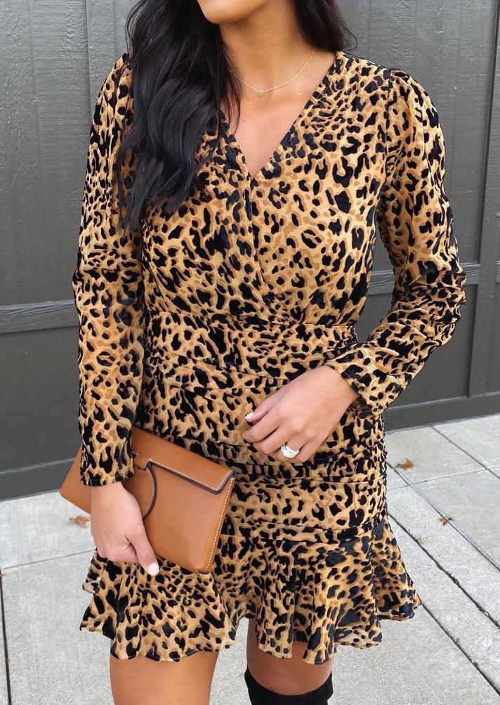 

Mini Dresses Leopard Ruffled Long Sleeve V-Neck Mini Dress in Leopard. Size: S,M,,XL