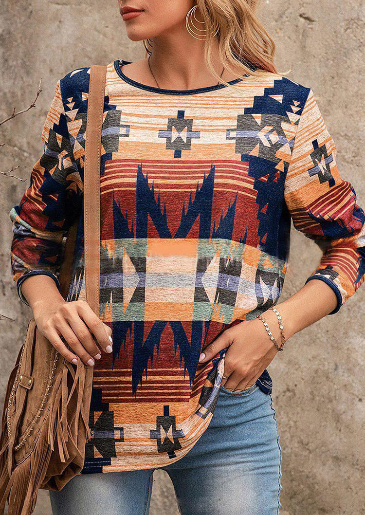 

Blouses Aztec Geometric Western Long Sleeve Blouse in Multicolor. Size