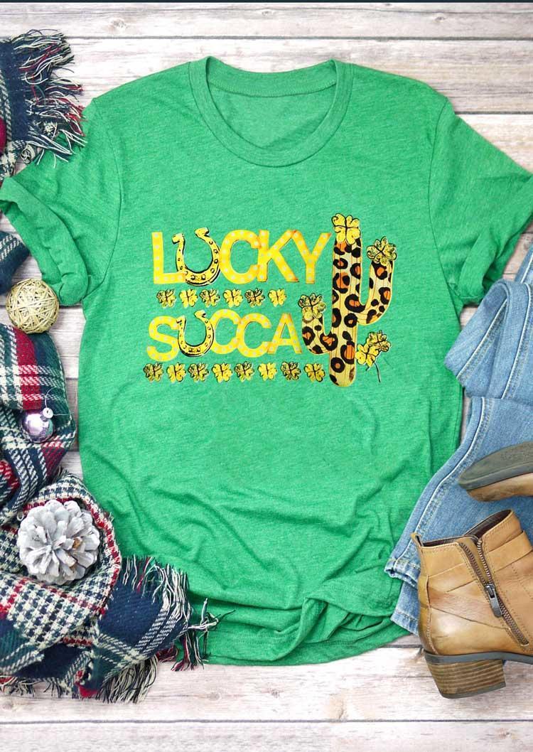 T-shirts Tees St. Patrick's Day Lucky Succa Leopard Cactus T-Shirt Tee in Green. Size: L,M