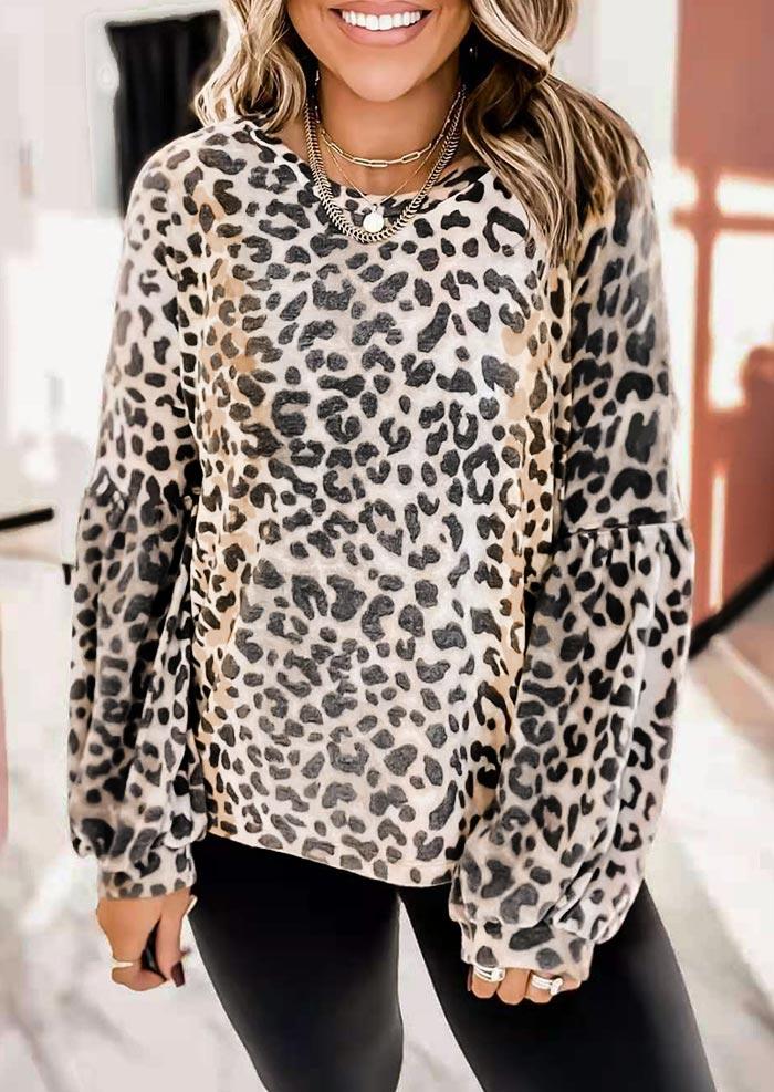 

Blouses Leopard Ruffled Lantern Sleeve O-Neck Blouse in Leopard. Size