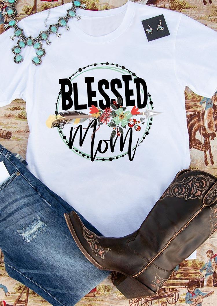 

T-shirts Tees Blessed Mom Arrow Feather Flower T-Shirt Tee in White. Size