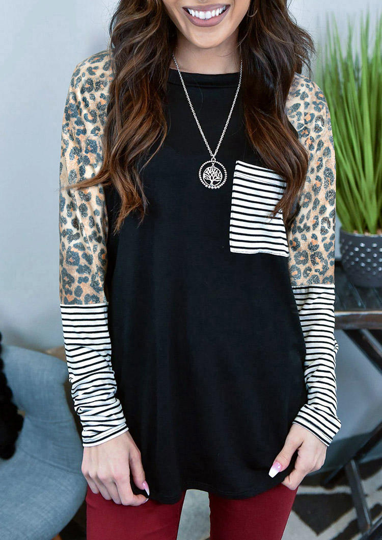 

Blouses Leopard Striped Splicing Pocket Long Sleeve Blouse in Black. Size: ,M