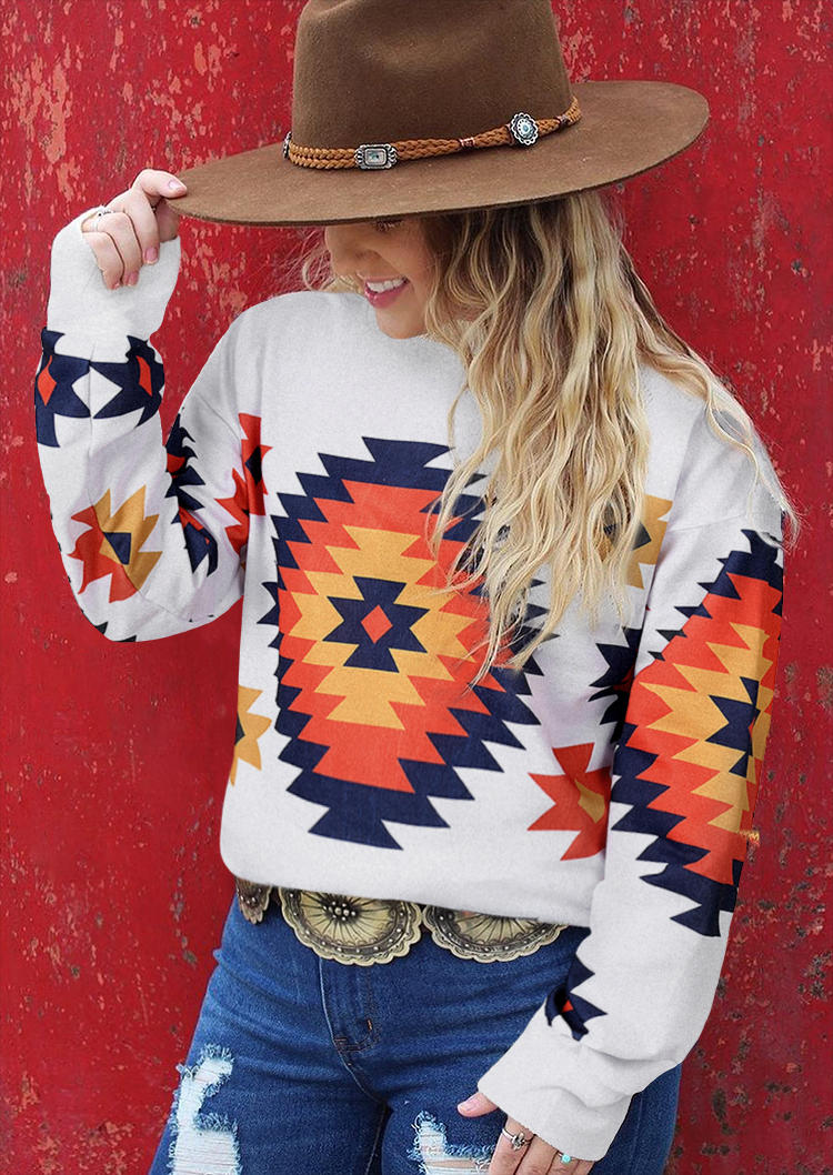 

Aztec Geometric Long Sleeve Pullover Sweatshirt - White, 494070