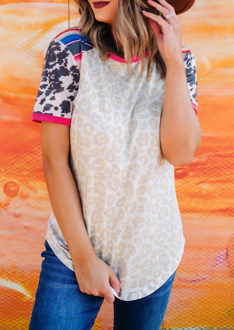 

Blouses Leopard Cow Colorful Striped Splicing Blouse in Apricot. Size: ,M