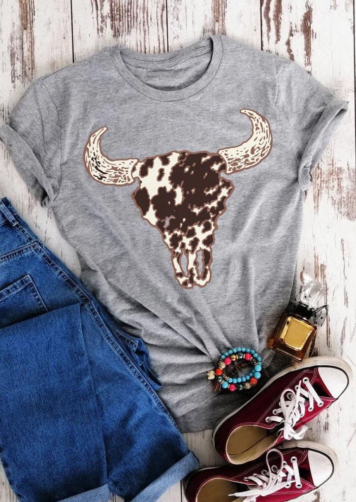 

T-shirts Tees Cow Steer Skull O-Neck T-Shirt Tee in Light Grey. Size