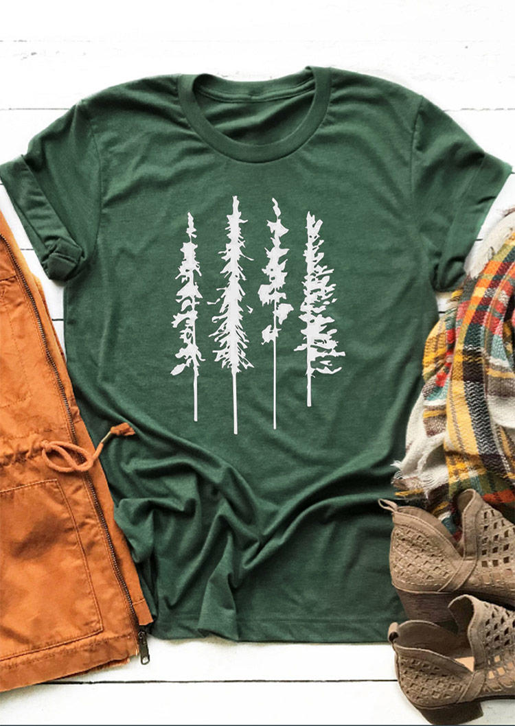 

T-shirts Tees Pine Tree O-Neck Casual T-Shirt Tee in Green. Size