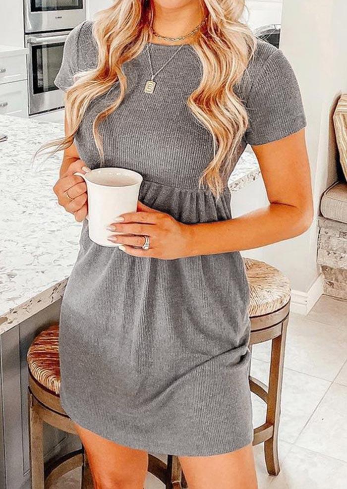 Ruffled Short Sleeve O-Neck Mini Dress - Gray