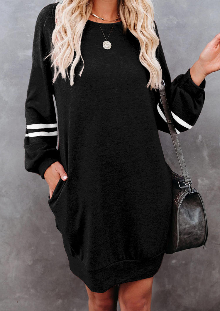 

Mini Dresses Pocket Splicing O-Neck Drop Shoulder Mini Dress in Black. Size