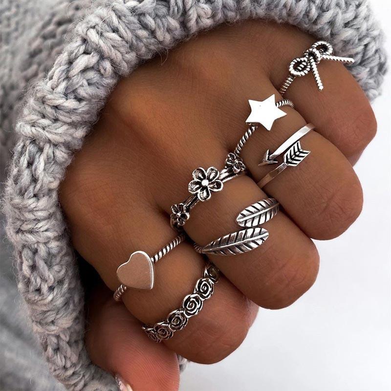 7Pcs Heart Bowknot Floral Star Feather Rings Set