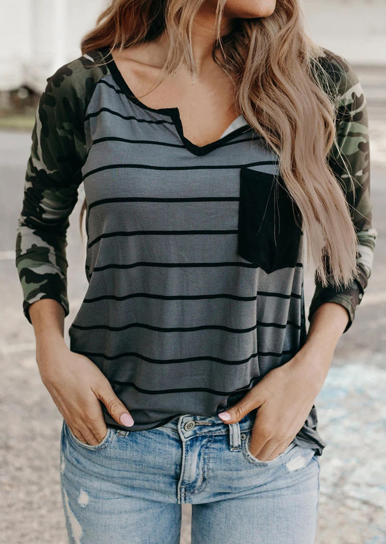 

Blouses Camouflage Striped Splicing Pocket Blouse in Stripe. Size