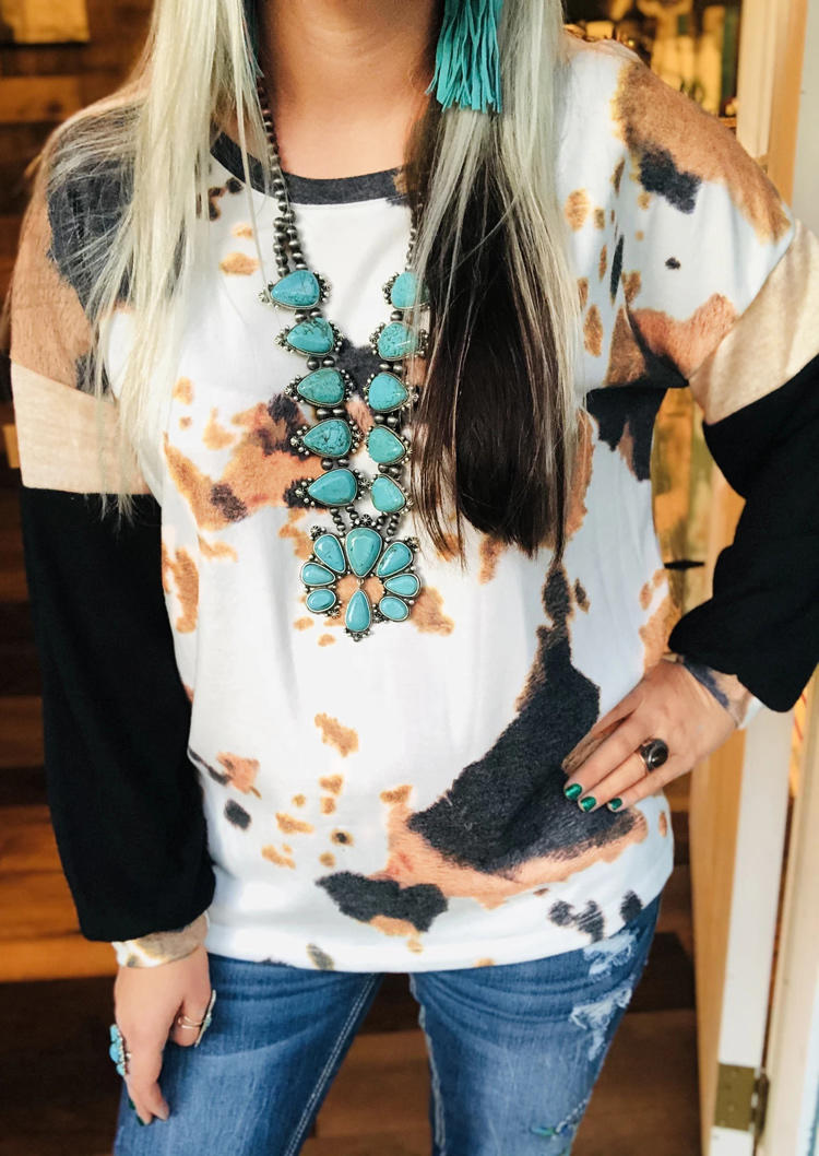 

Blouses Cow Splicing O-Neck Long Sleeve Blouse in Multicolor. Size: S,,L