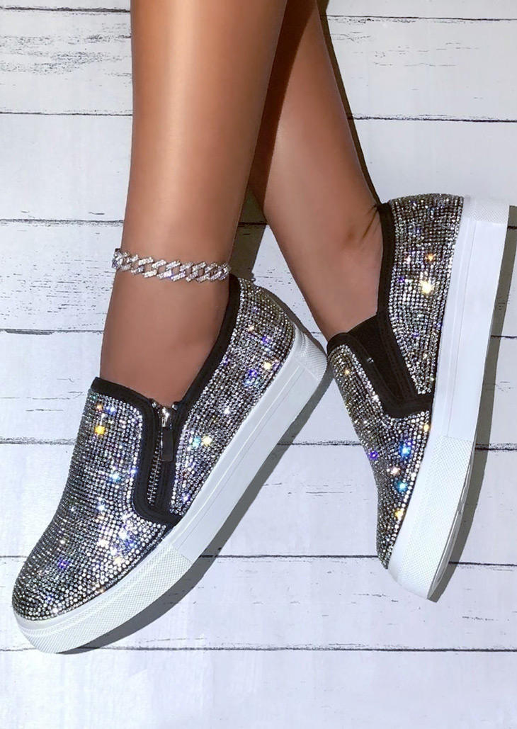 

Sneakers Glitter Rhinestone Zipper Round Toe Flat Sneakers in Black. Size