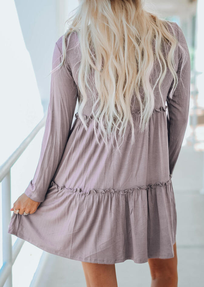 

Mini Dresses Ruffled O-Neck Long Sleeve Mini Dress in Light Purple. Size