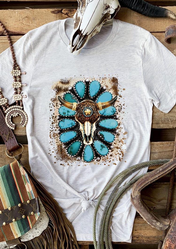 

T-shirts Tees Steer Skull Turquoise Western T-Shirt Tee in Light Grey. Size