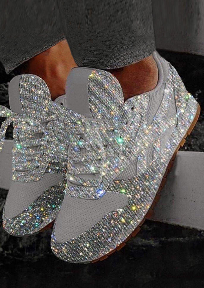 

Sneakers Glitter Breathable Lace Up Round Toe Sneakers in Silver. Size