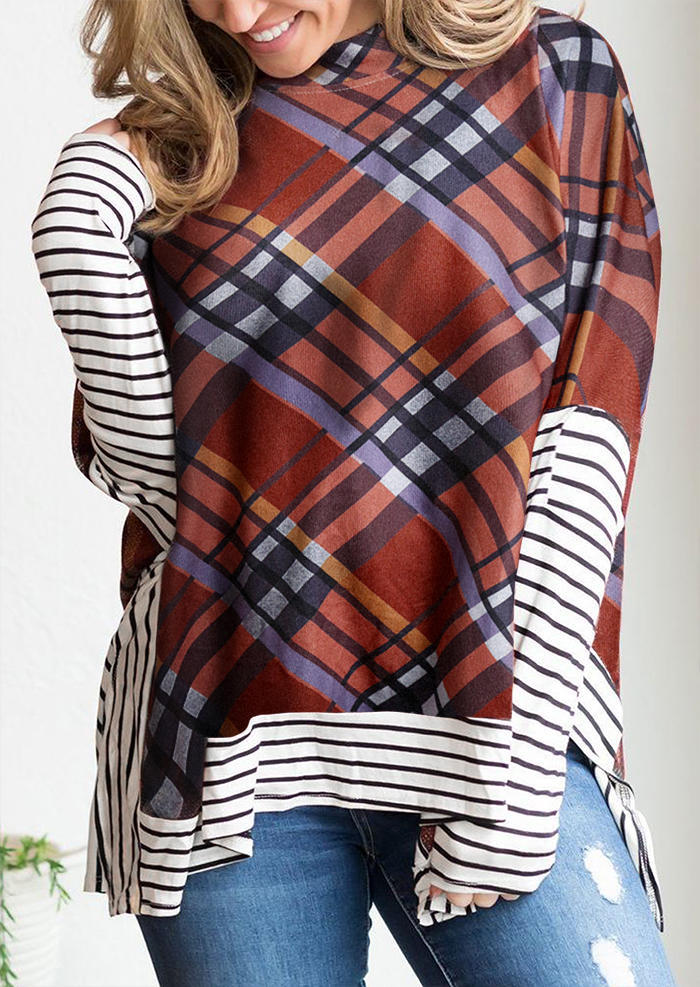 Plaid Striped Splicing Loose Cape Blouse