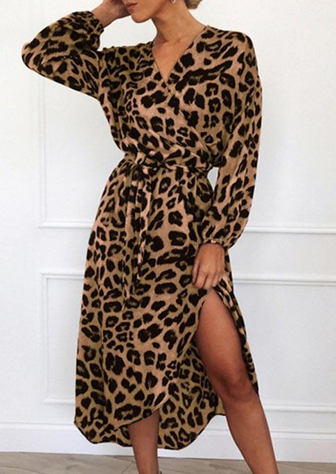 

Casual Dresses Leopard Elastic Cuff Wrap V-Neck Casual Dress in Leopard. Size
