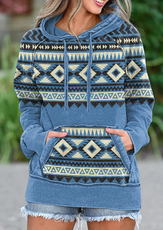 

Hoodies Aztec Geometric Kangaroo Pocket Drawstring Pullover Hoodie in Blue. Size