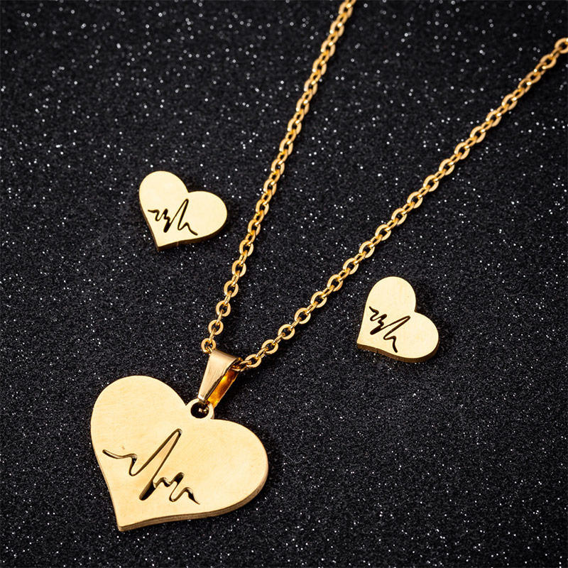 

Necklaces ECG Heartbeat Stud Earrings And Necklace Set in Gold. Size