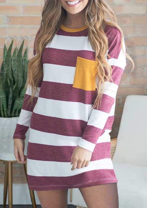 

Mini Dresses Striped Color Block Pocket Long Sleeve Mini Dress in Stripe. Size: S,M,,XL