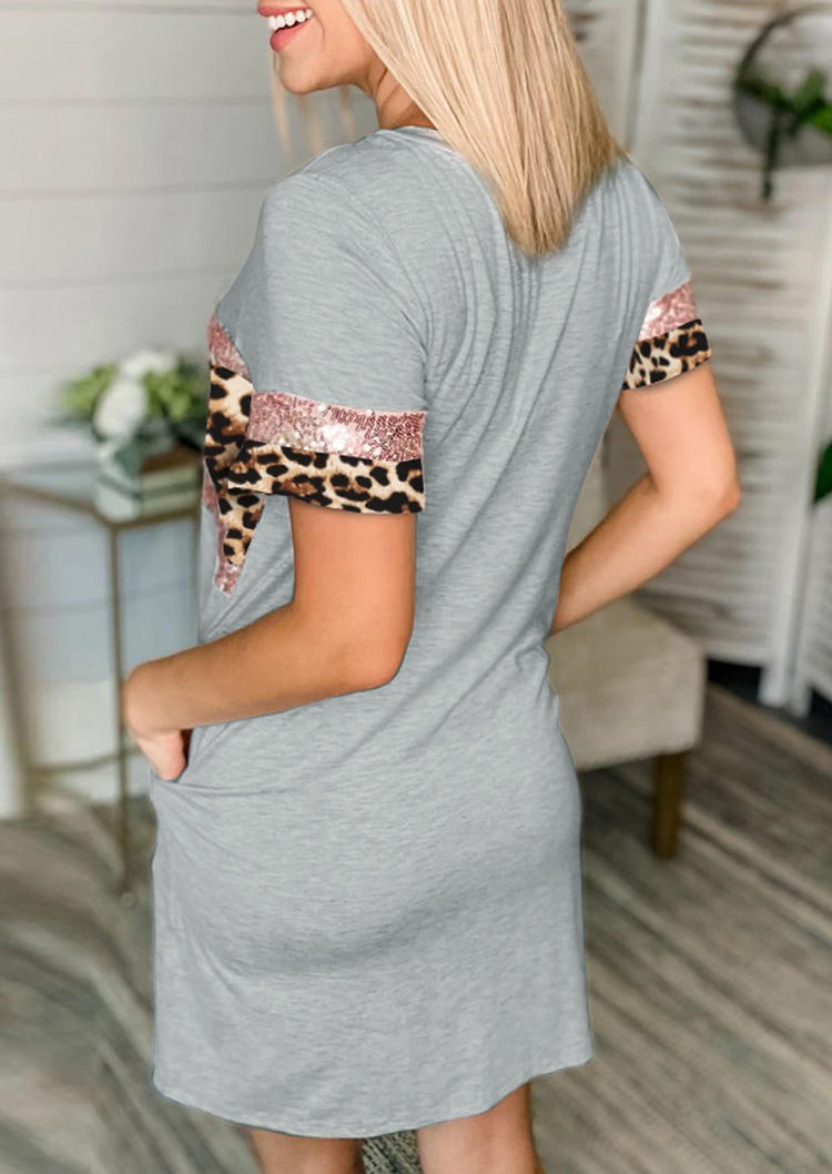 Mini Dresses Leopard Sequined Splicing Pocket Mini Dress - Light Grey in Gray. Size: L,M,S