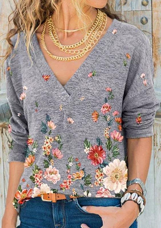

Blouses Floral V-Neck Long Sleeve Blouse in Gray. Size