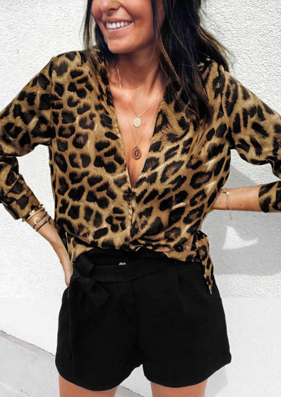 

Blouses Leopard Button Deep V-Neck Casual Blouse in Leopard. Size