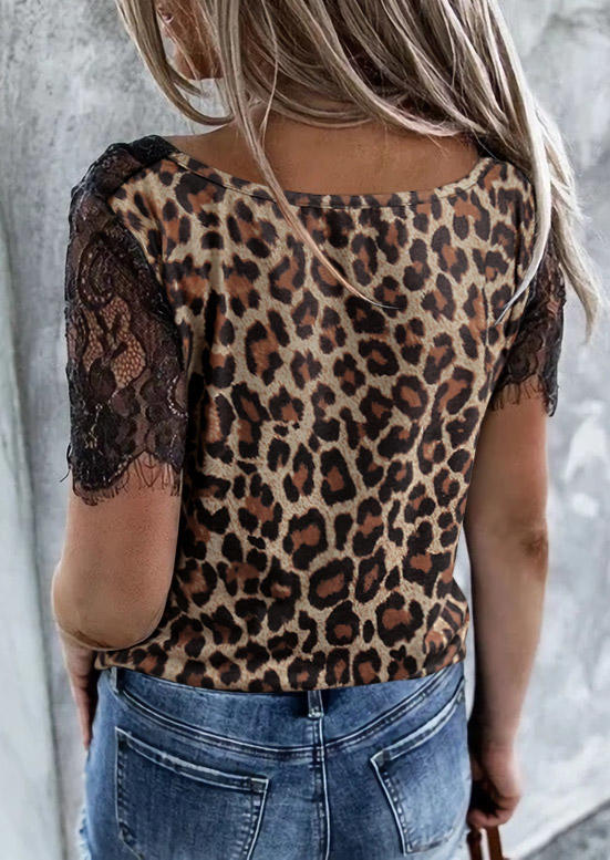 

Blouses Lace Leopard Splicing Casual Blouse in Leopard. Size