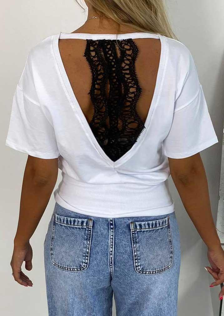 

Blouses Lace Splicing Hollow Out Drop Shoulder Blouse in White. Size: L,M