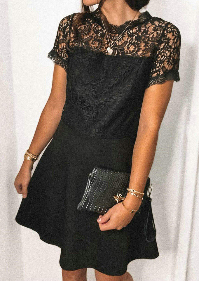 

Mini Dresses Lace Splicing Hollow Out O-Neck Mini Dress in Black. Size