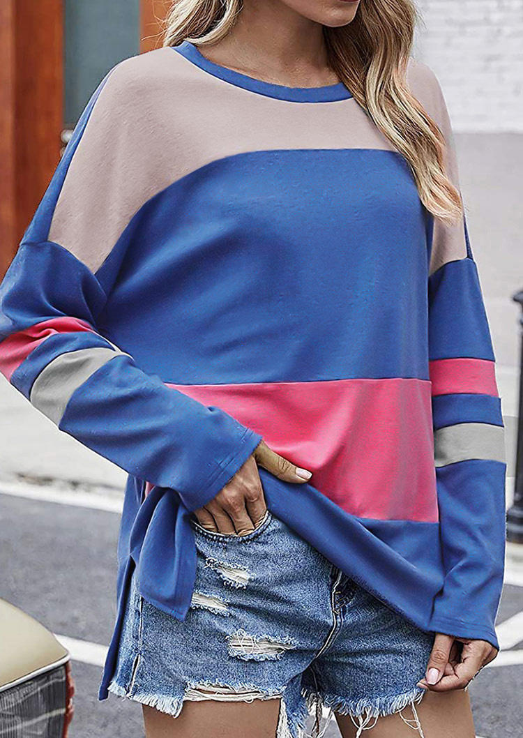 

Blouses Color Block Slit O-Neck Long Sleeve Blouse in Multicolor. Size