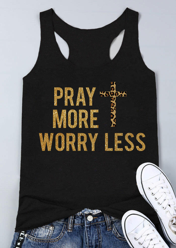 

Tank Tops Pray More Worry Less Leopard Cross Racerback Tank Top in Black. Size