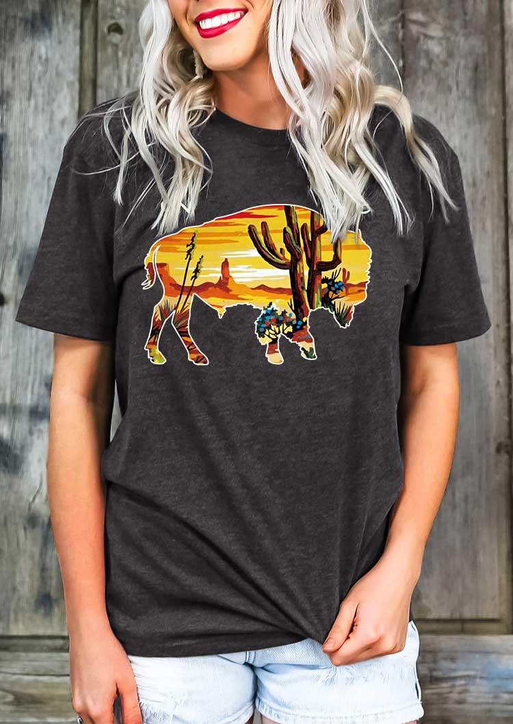 Buffalo Cactus O-Neck T-Shirt Tee - Dark Grey