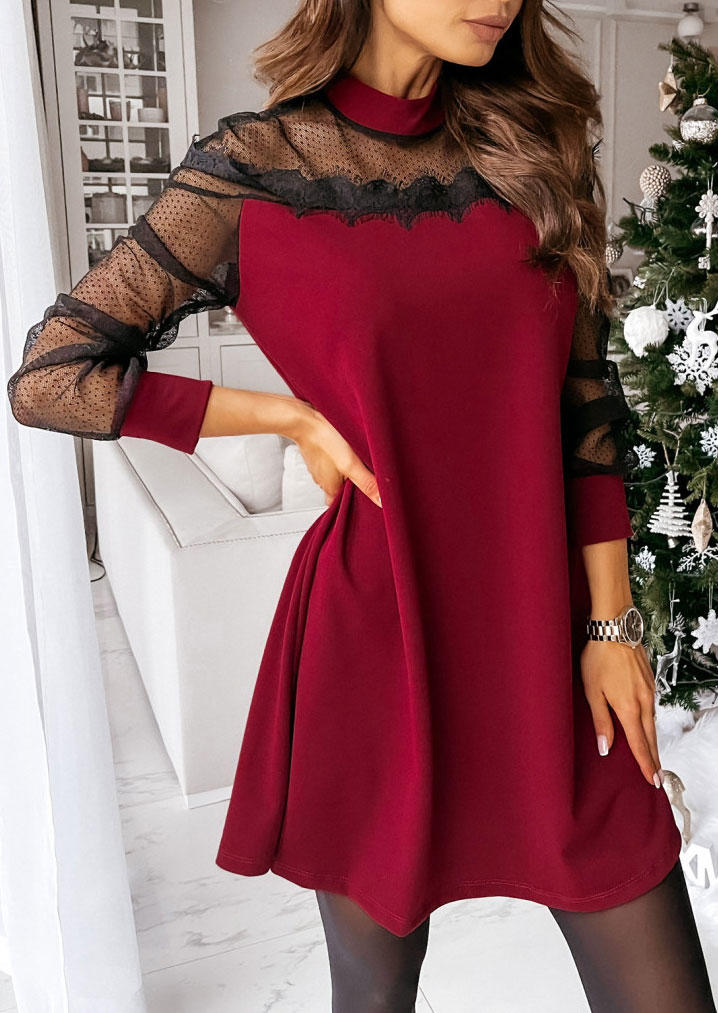 

Mini Dresses Polka Dot Mesh Lace Splicing Mini Dress in Burgundy. Size: ,M,XL