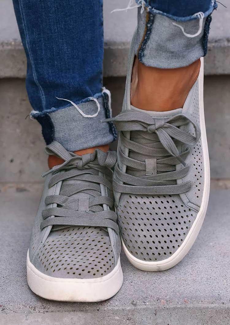Sneakers Breathable Hole Lace Up Round Toe Flat Sneakers in Gray. Size: 37,38,40