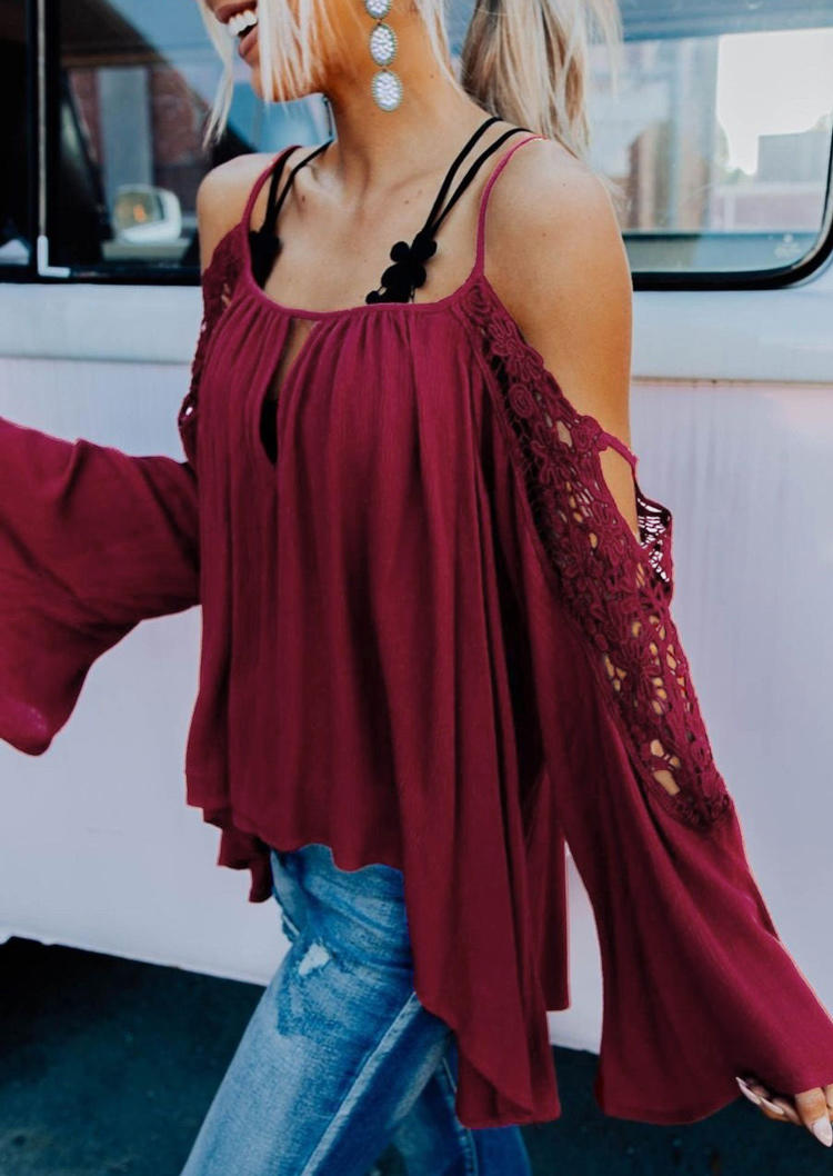 

Blouses Lace Splicing Hollow Out Cold Shoulder Blouse in Burgundy. Size: ,M,L