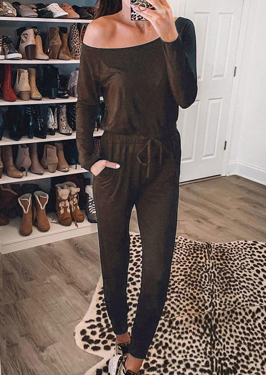

Jumpsuits & Rompers Off Shoulder Elastic Waist Drawstring Pocket Jumpsuit in Dark Coffee. Size