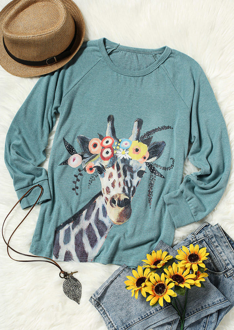 

Sweatshirts Floral Giraffe Long Sleeve Pullover Sweatshirt in Cyan. Size