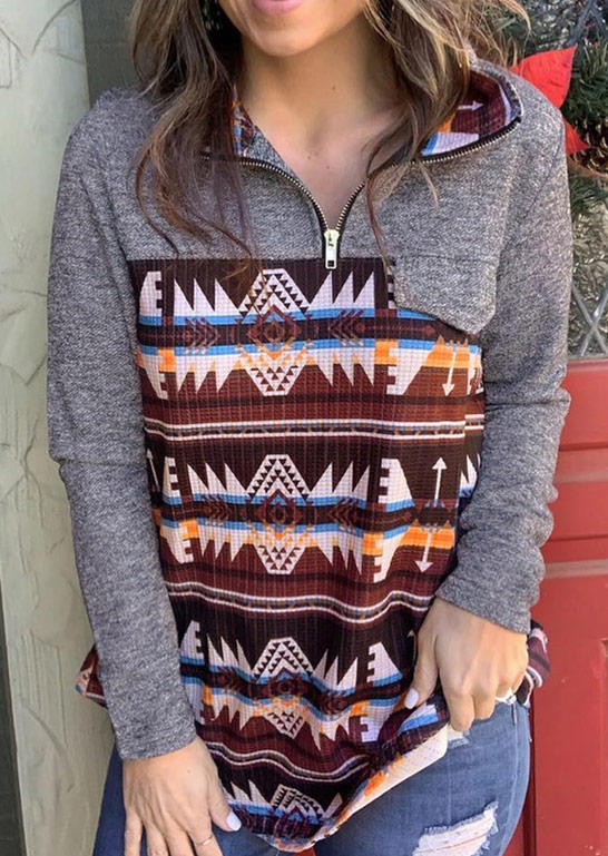 

Sweatshirts Aztec Geometric Zipper Collar Decorative Fake Pocket Sweatshirt in Multicolor. Size: S,M,,XL