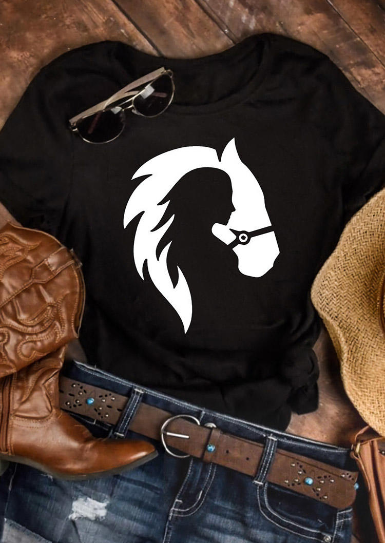 Woman Horse Lover Western O-Neck T-Shirt Tee - Black