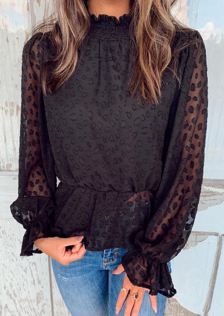 

Blouses Ruffled Elastic Cuff Long Sleeve O-Neck Blouse in Black. Size: S,M,,XL