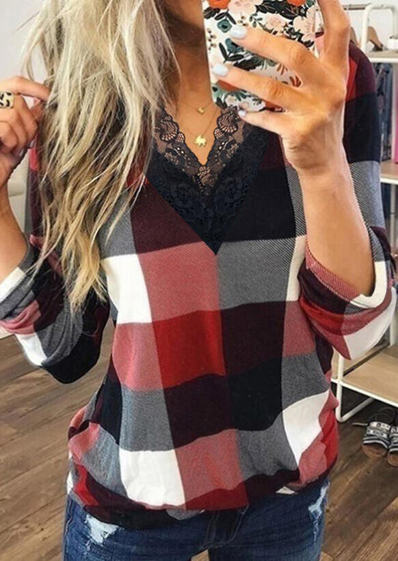 Blouses Plaid Lace Splicing V-Neck Long Sleeve Blouse in Gray. Size: L,M,XL