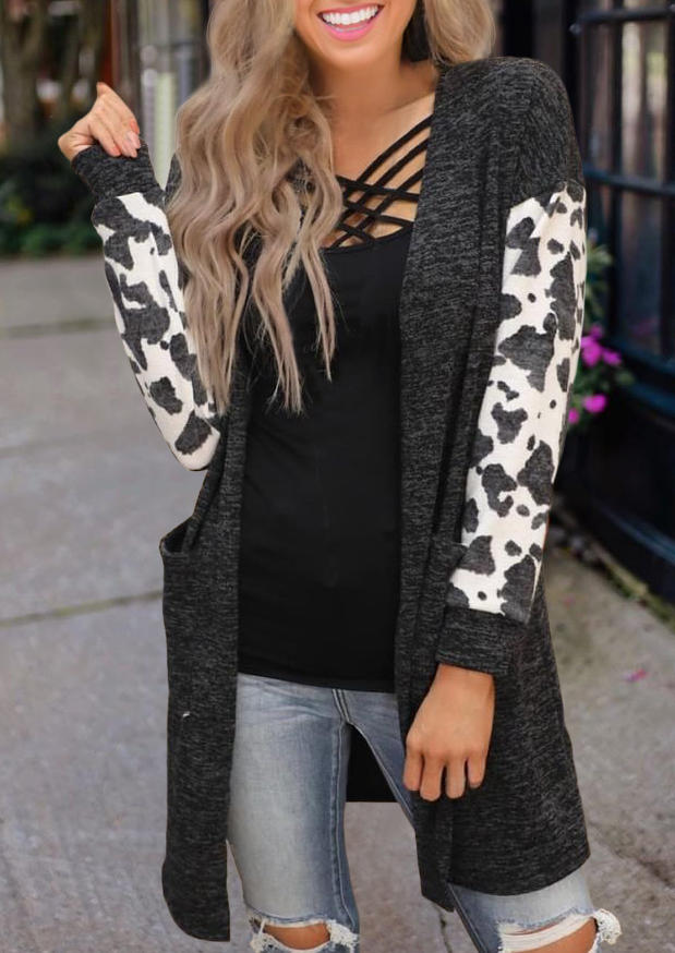 

Cardigans Cow Splicing Pocket Casual Cardigan in Dark Grey. Size